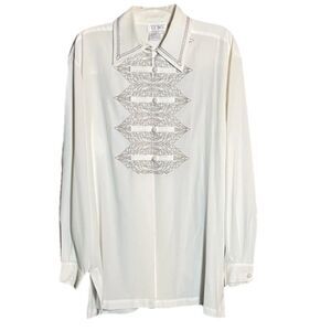 Vintage White Long Sleeve Women’s Size L Button Up Blouse Silver Embroidery